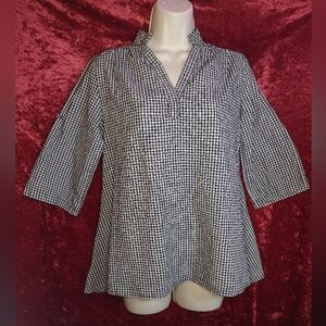 Black & White Gingham Check Tunic Top Roll Tab Sleeve V-Neck Blouse